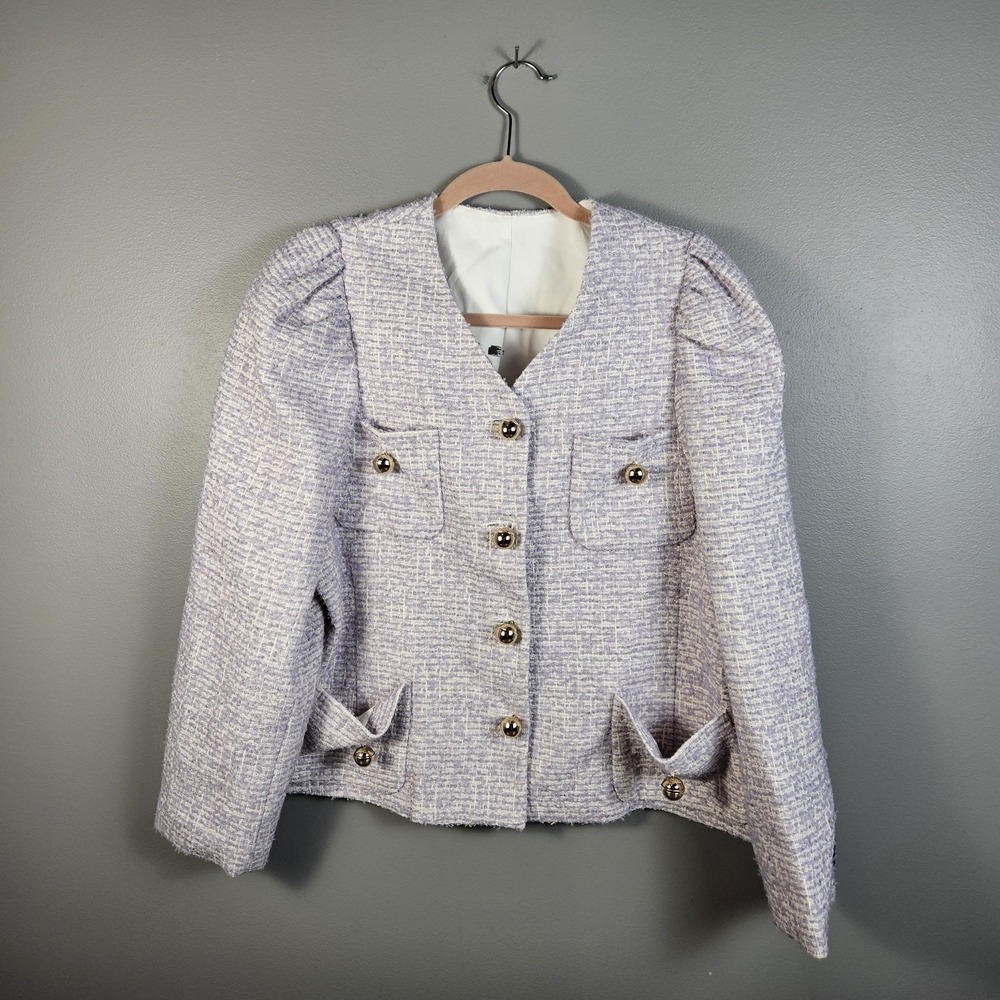 pushBUTTON Womens S Tweed Jacket Puff Sleeve Gold Button Lavender White Blazer